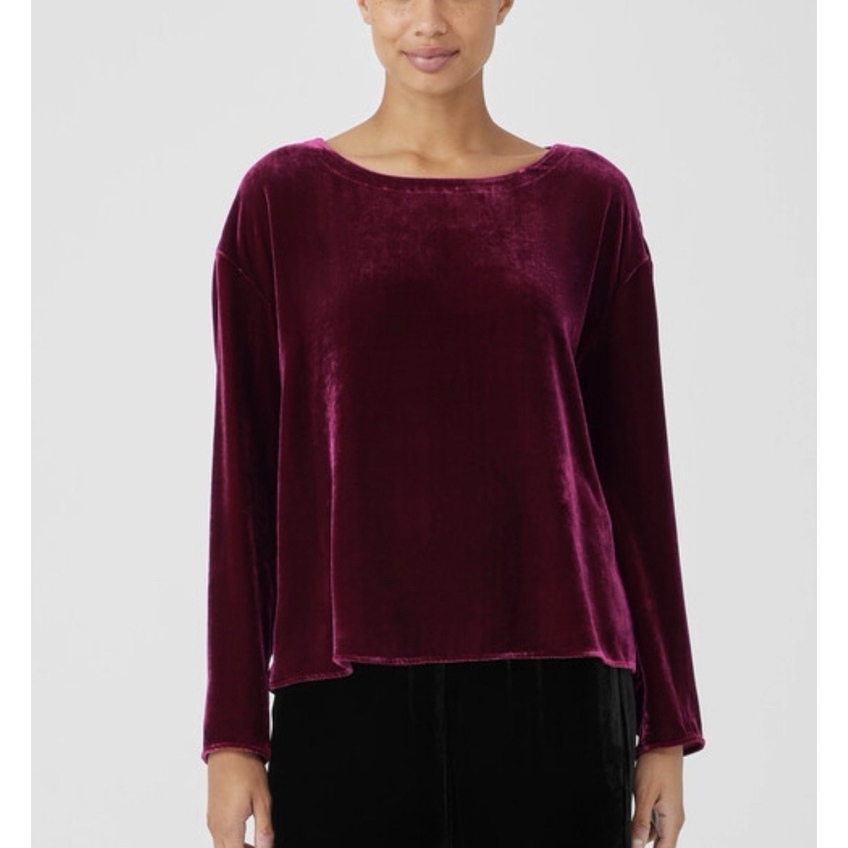 Eileen Fisher Xl Velvet Ballet Silk Neck Box Top Ruby Claret Luxury Soft Cozy
